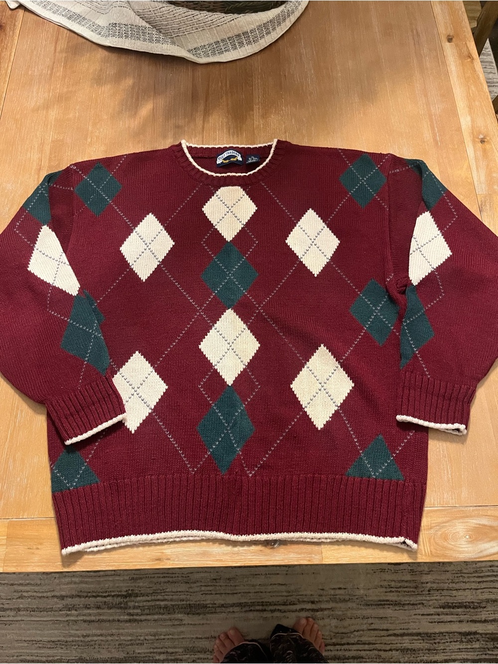 Gulf Traders Vintage Men’s XL Argyle Knit Sweater Burgundy Green Ivory Ramie Cot